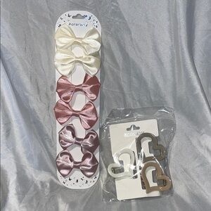 Satin Bow and Heart Clip Set - Cream, Pink, Tan